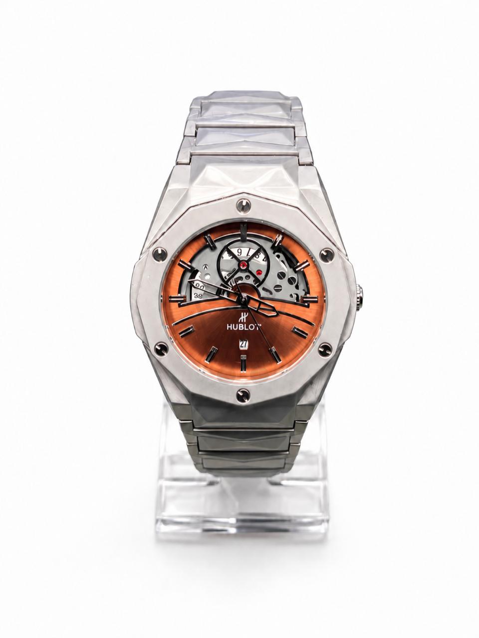 Men’s copper skeleton dial watch with silver metal bracelet