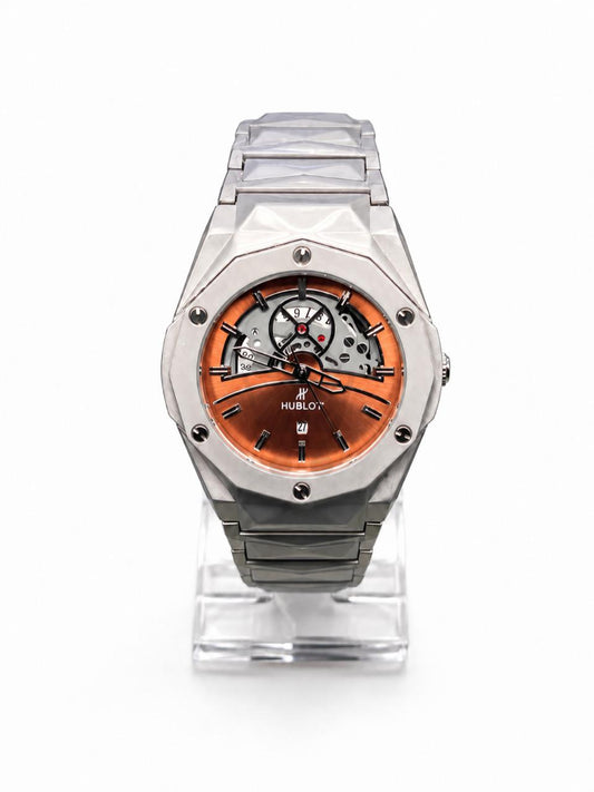 Men’s copper skeleton dial watch with silver metal bracelet
